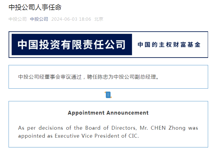 中投公司：聘任陈忠为公司副总经理